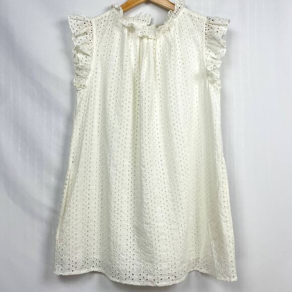 ANN MASHBURN Dresses & Skirts - Ann Mashburn Eyelet Lace Mini Dress M Ivory White Ruffle Cap Sleeve Babydoll‎